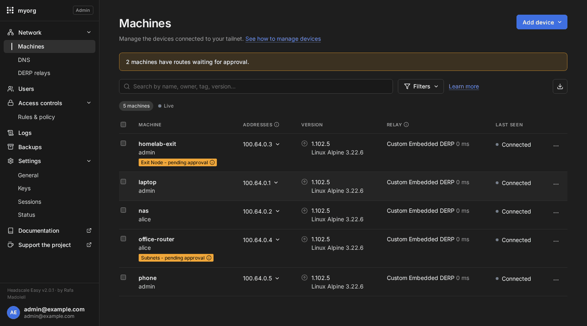 Headscale Easy — Machines
